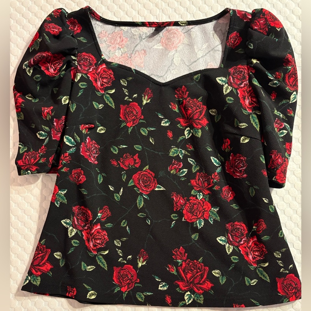 SHEIN Black Rose Floral Puff Sleeve Top | Romantic | Statement Blouse